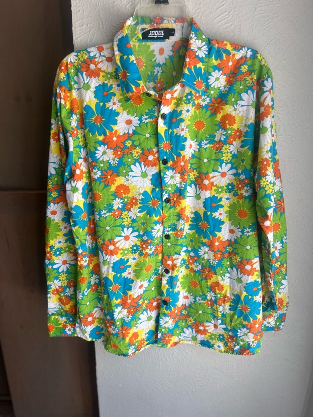 Jogal Button Up Shirt Hippe retro floral Daisy Green Blue Orange Men's Large